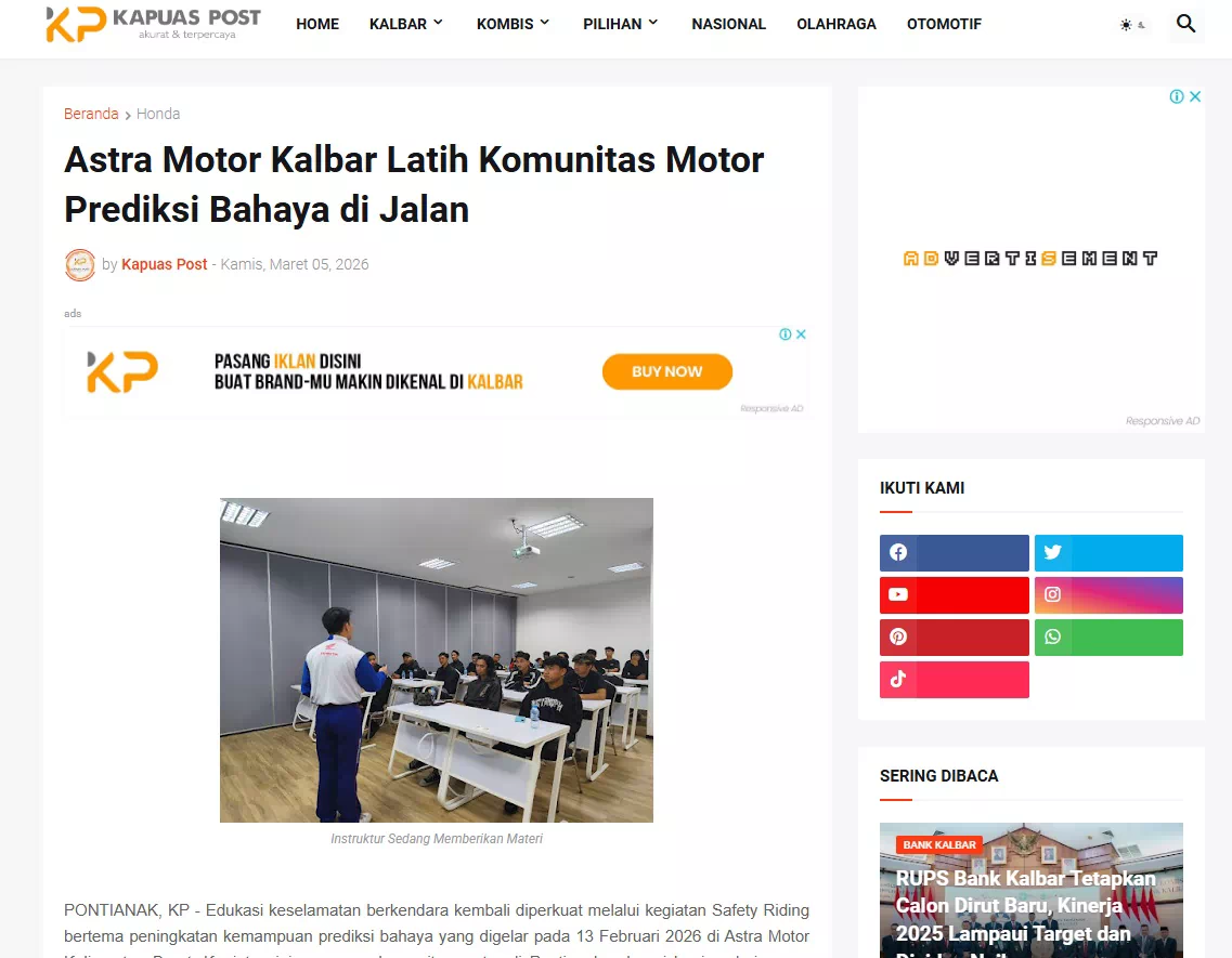 Astra Motor Kalbar Latih Komunitas Motor Prediksi Bahaya di Jalan