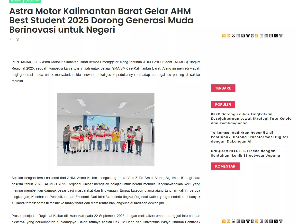 Astra Motor Kalimantan Barat Gelar AHM Best Student 2025 Dorong Generasi Muda Berinovasi untuk Negeri