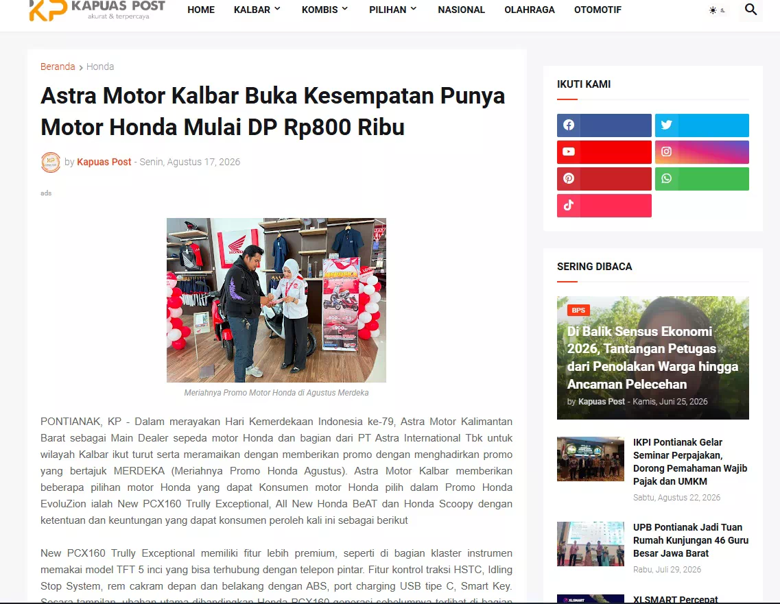 Astra Motor Kalbar Buka Kesempatan Punya Motor Honda Mulai DP Rp800 Ribu