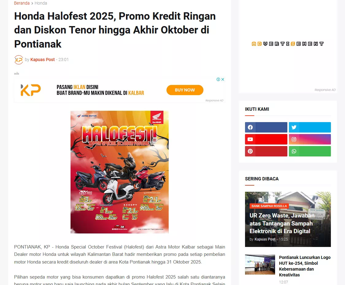 Honda Halofest 2025, Promo Kredit Ringan dan Diskon Tenor hingga Akhir Oktober di Pontianak