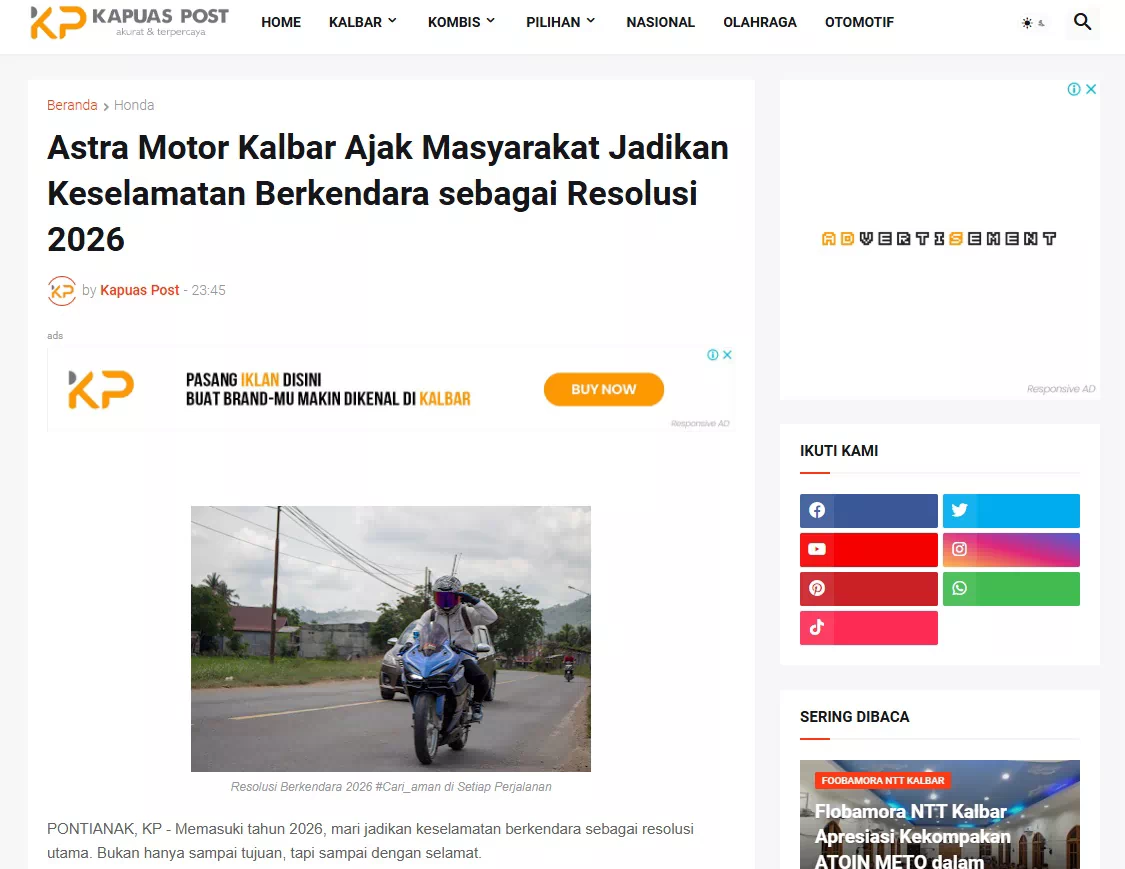 Astra Motor Kalbar Ajak Masyarakat Jadikan Keselamatan Berkendara sebagai Resolusi 2026
