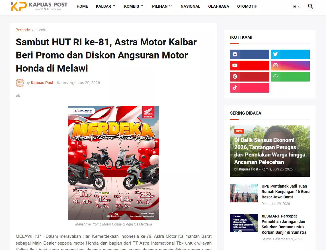 Sambut HUT RI ke-81, Astra Motor Kalbar Beri Promo dan Diskon Angsuran Motor Honda di Melawi