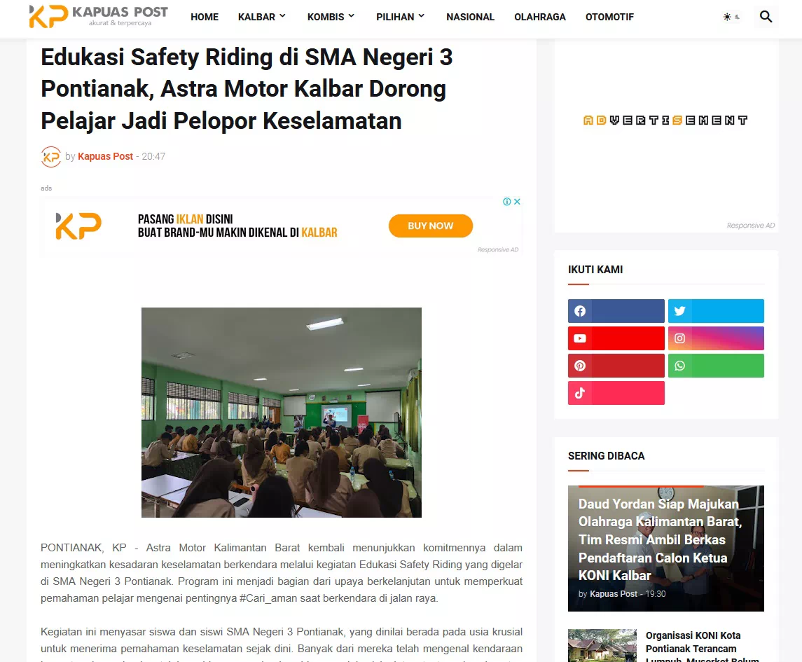 Edukasi Safety Riding di SMA Negeri 3 Pontianak, Astra Motor Kalbar Dorong Pelajar Jadi Pelopor Keselamatan