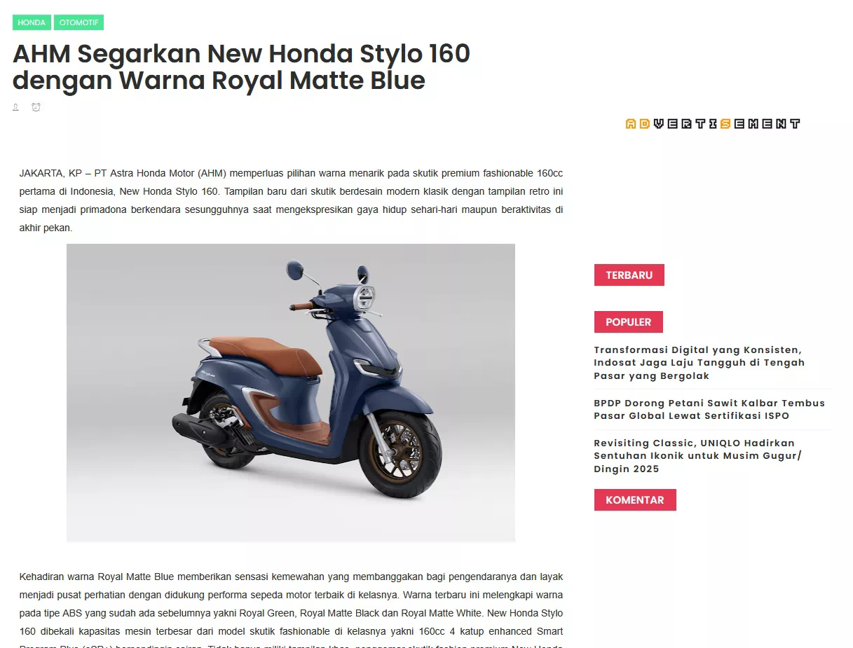 AHM Segarkan New Honda Stylo 160 dengan Warna Royal Matte Blue