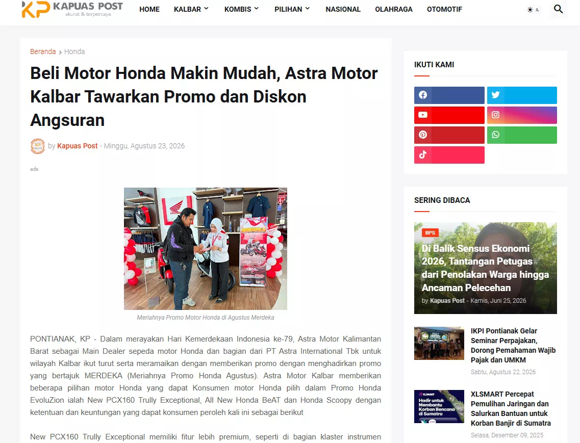 Beli Motor Honda Makin Mudah, Astra Motor Kalbar Tawarkan Promo dan Diskon Angsuran