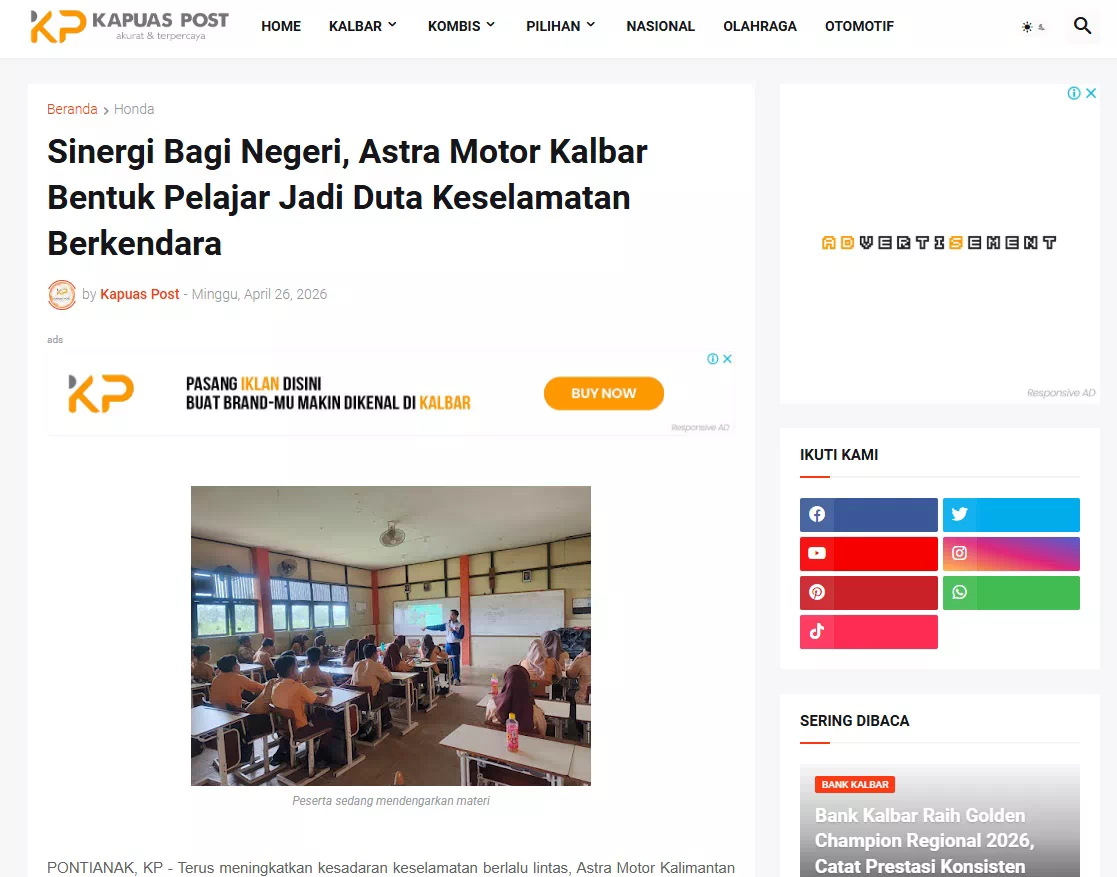 Sinergi Bagi Negeri, Astra Motor Kalbar Bentuk Pelajar Jadi Duta Keselamatan Berkendara