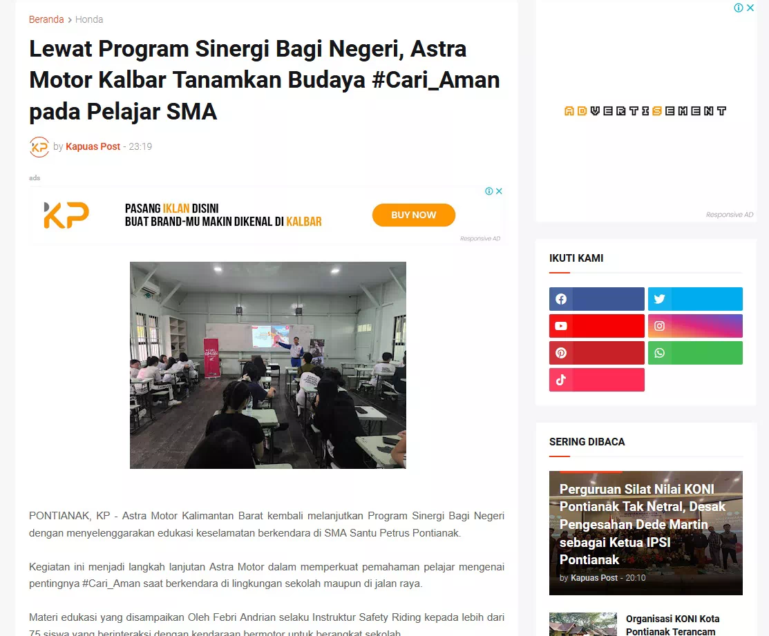 Lewat Program Sinergi Bagi Negeri, Astra Motor Kalbar Tanamkan Budaya #Cari_Aman pada Pelajar SMA