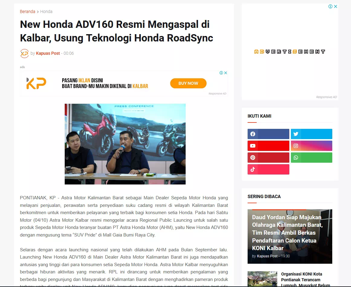 New Honda ADV160 Resmi Mengaspal di Kalbar, Usung Teknologi Honda RoadSync
