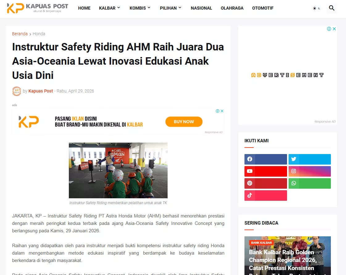 Instruktur Safety Riding AHM Raih Juara Dua Asia-Oceania Lewat Inovasi Edukasi Anak Usia Dini