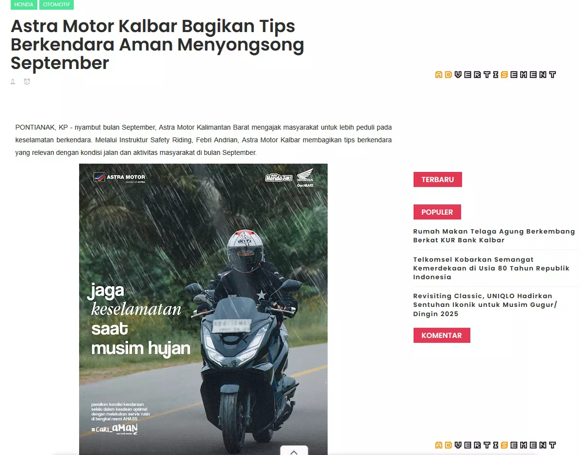 Astra Motor Kalbar Bagikan Tips Berkendara Aman Menyongsong September