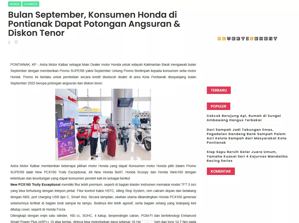 Bulan September, Konsumen Honda di Pontianak Dapat Potongan Angsuran &amp; Diskon Tenor