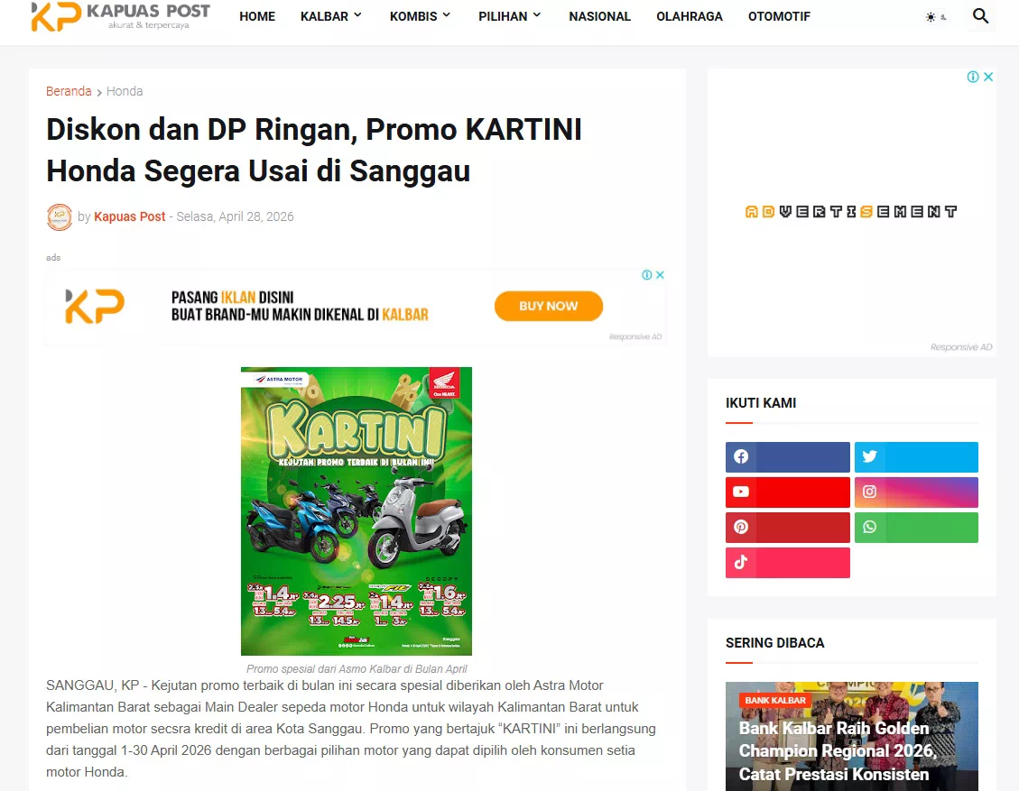Diskon dan DP Ringan, Promo KARTINI Honda Segera Usai di Sanggau