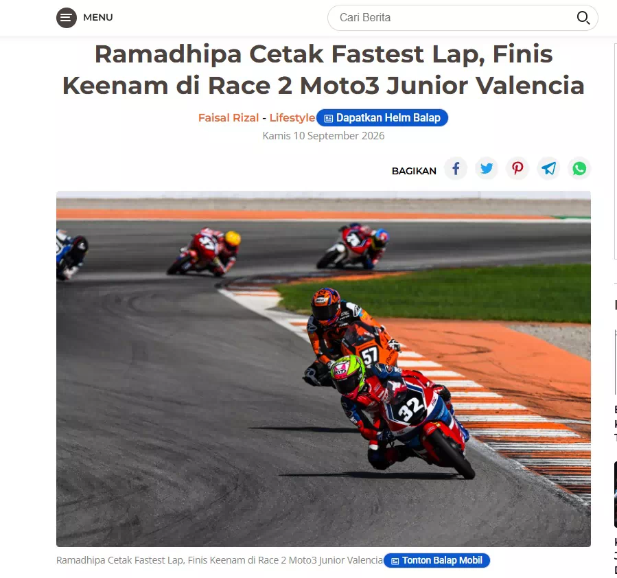 Ramadhipa Cetak Fastest Lap, Finis Keenam di Race 2 Moto3 Junior Valencia