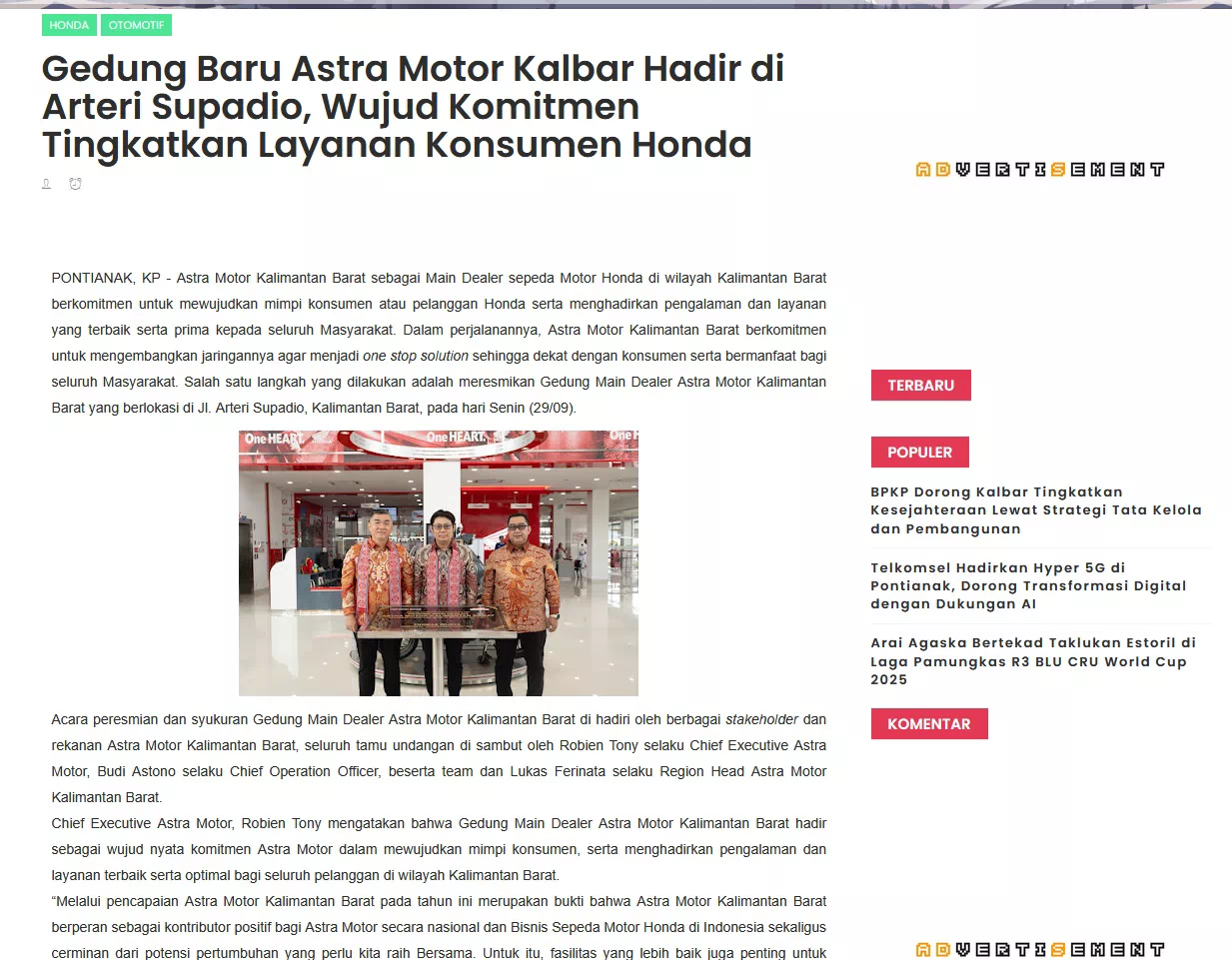 Gedung Baru Astra Motor Kalbar Hadir di Arteri Supadio, Wujud Komitmen Tingkatkan Layanan Konsumen Honda