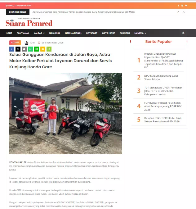 Solusi Gangguan Kendaraan di Jalan Raya, Astra Motor Kalbar Perkuiat Layanan Darurat dan Servis Kunjung Honda Care