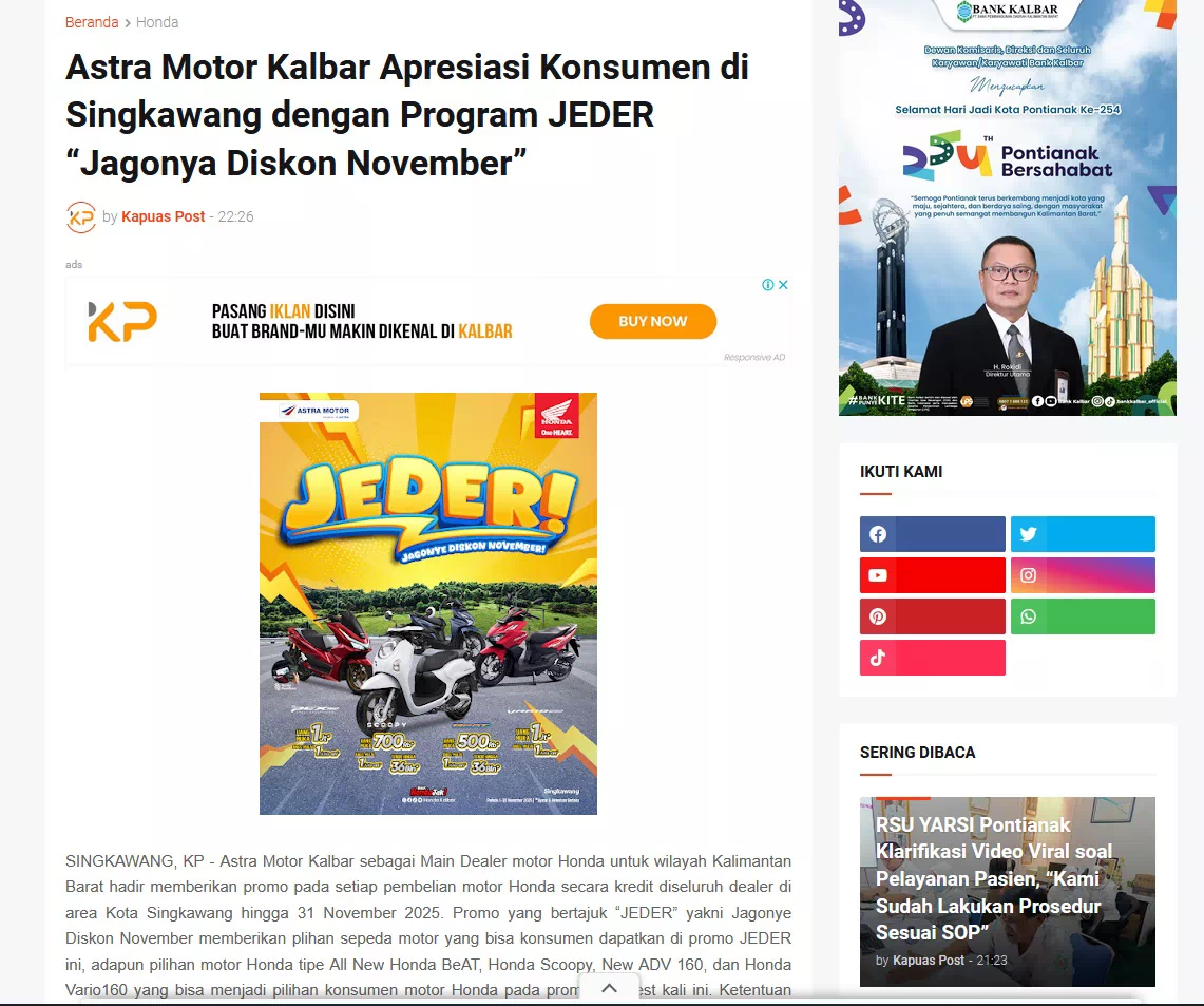 Astra Motor Kalbar Apresiasi Konsumen di Singkawang dengan Program JEDER “Jagonya Diskon November”