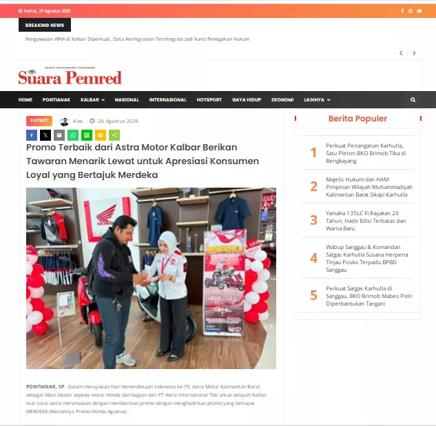 Promo Terbaik dari Astra Motor Kalbar Berikan Tawaran Menarik Lewat untuk Apresiasi Konsumen Loyal yang Bertajuk Merdeka