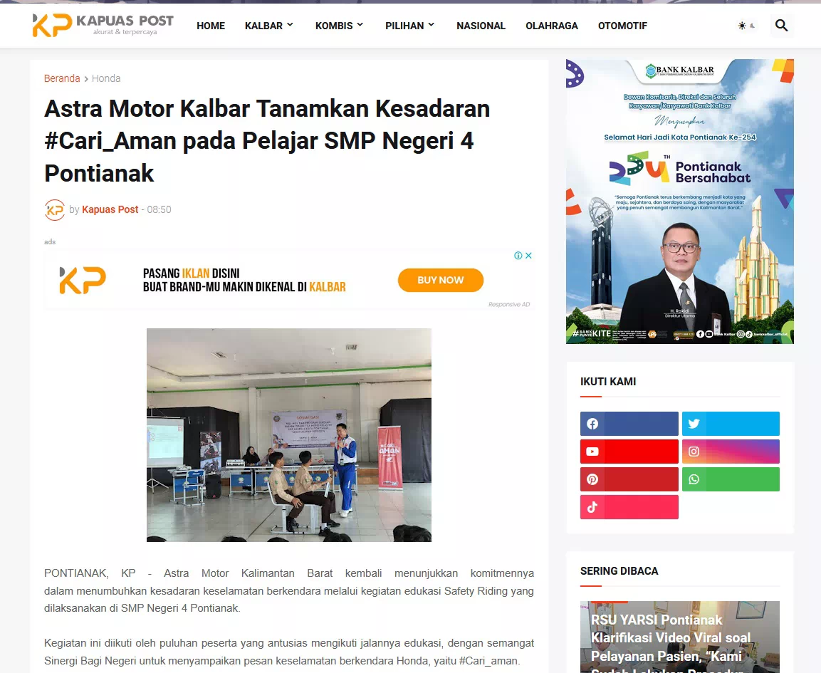 Astra Motor Kalbar Tanamkan Kesadaran #Cari_Aman pada Pelajar SMP Negeri 4 Pontianak
