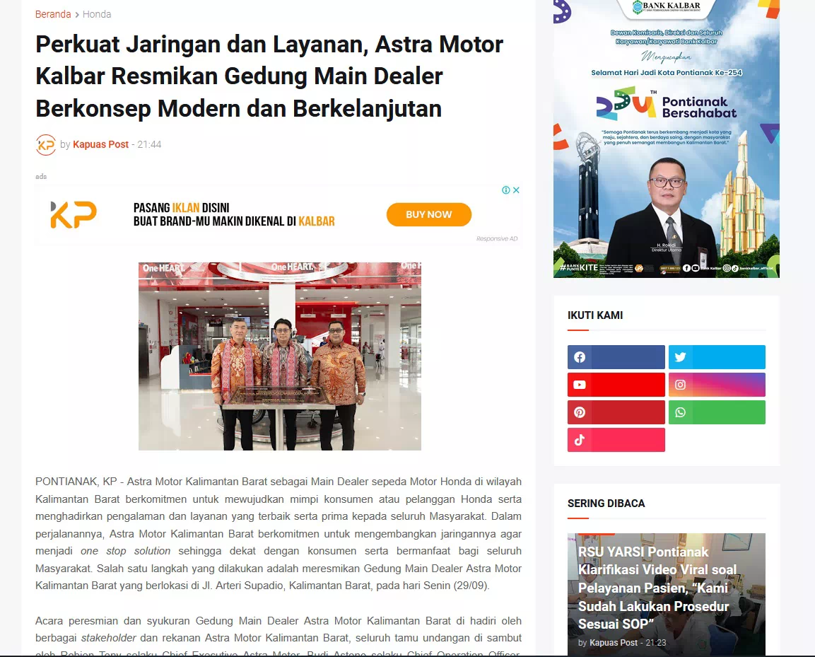 Perkuat Jaringan dan Layanan, Astra Motor Kalbar Resmikan Gedung Main Dealer Berkonsep Modern dan Berkelanjutan