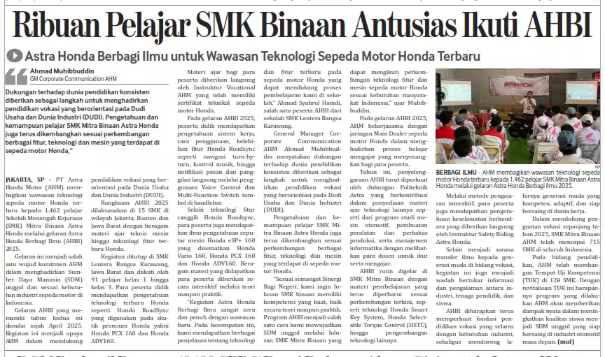 Ribuan Pelajar SMK Binaan Antusias Ikuti AHBI, Astra Honda Berbagi Ilmu untuk Wawasan Teknologi Sepeda Motor Honda Terbaru