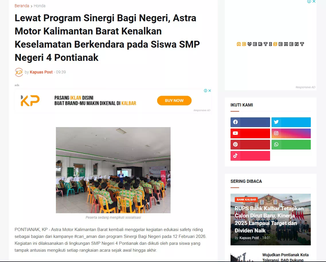 Lewat Program Sinergi Bagi Negeri, Astra Motor Kalimantan Barat Kenalkan Keselamatan Berkendara pada Siswa SMP Negeri 4 Pontianak