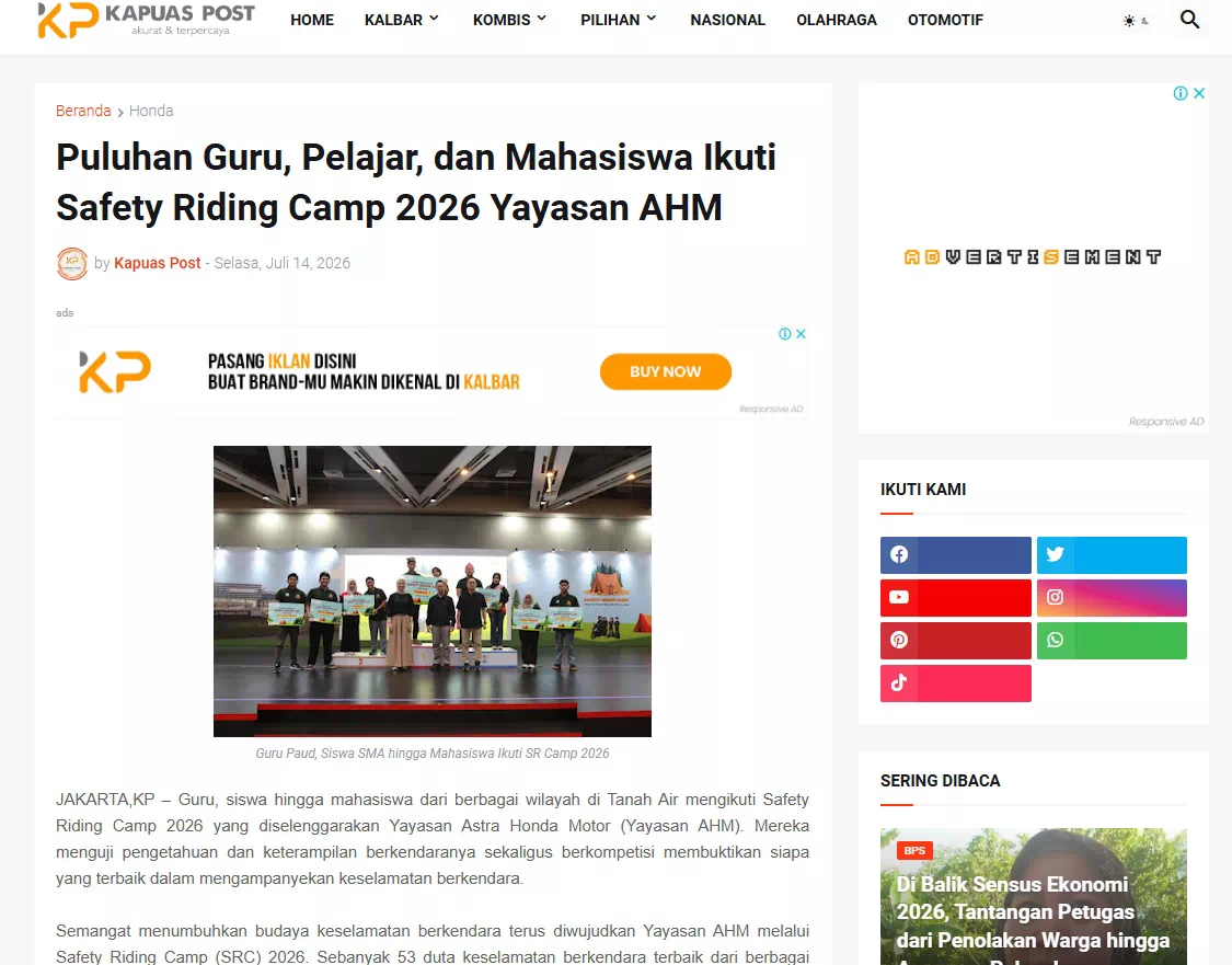 Puluhan Guru, Pelajar, dan Mahasiswa Ikuti Safety Riding Camp 2026 Yayasan AHM