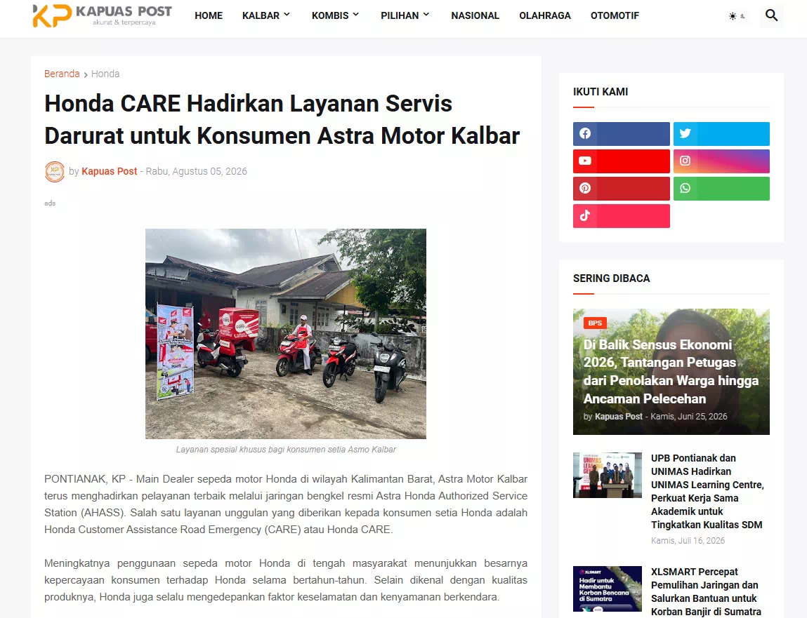 Honda CARE Hadirkan Layanan Servis Darurat untuk Konsumen Astra Motor Kalbar