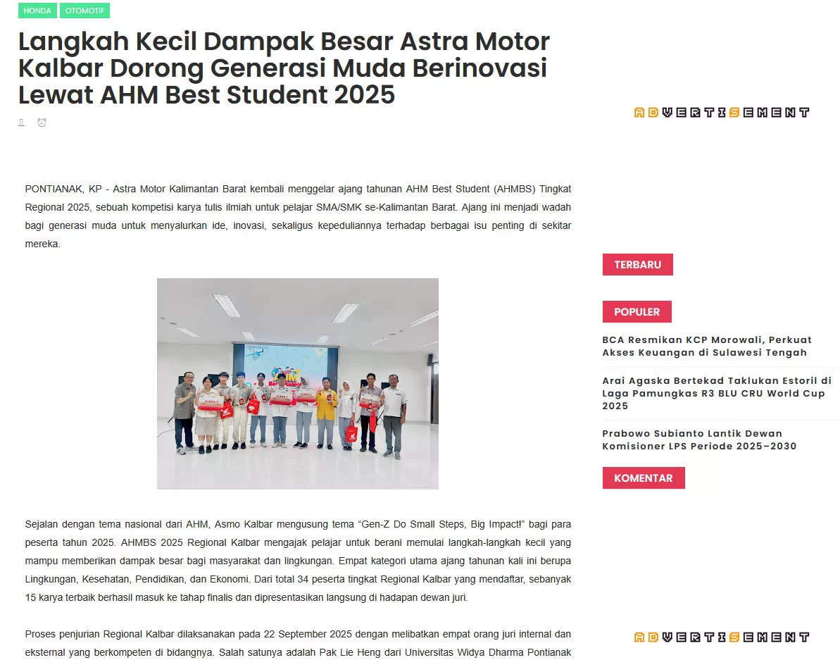Langkah Kecil Dampak Besar Astra Motor Kalbar Dorong Generasi Muda Berinovasi Lewat AHM Best Student 2025