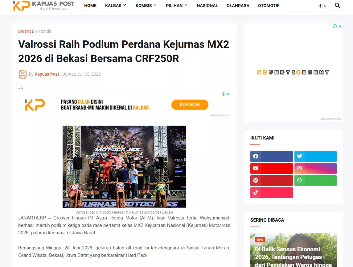 Valrossi Raih Podium Perdana Kejurnas MX2 2026 di Bekasi Bersama CRF250R