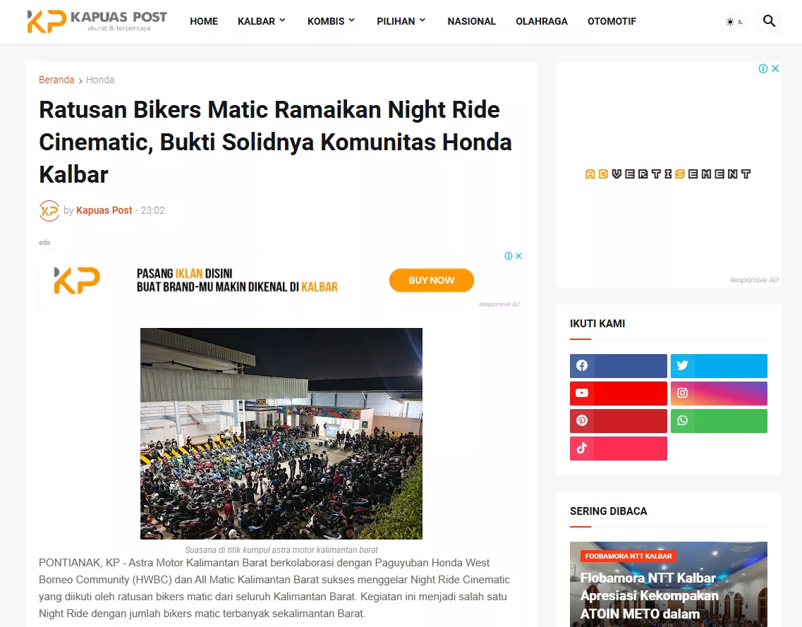 Ratusan Bikers Matic Ramaikan Night Ride Cinematic, Bukti Solidnya Komunitas Honda Kalbar