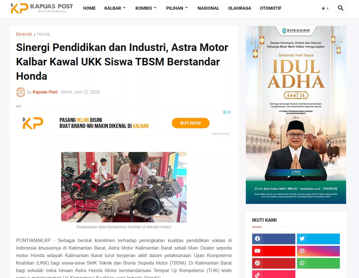 Sinergi Pendidikan dan Industri, Astra Motor Kalbar Kawal UKK Siswa TBSM Berstandar Honda