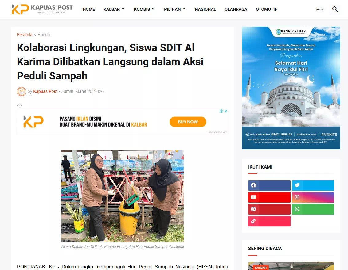 Kolaborasi Lingkungan, Siswa SDIT Al Karima Dilibatkan Langsung dalam Aksi Peduli Sampah