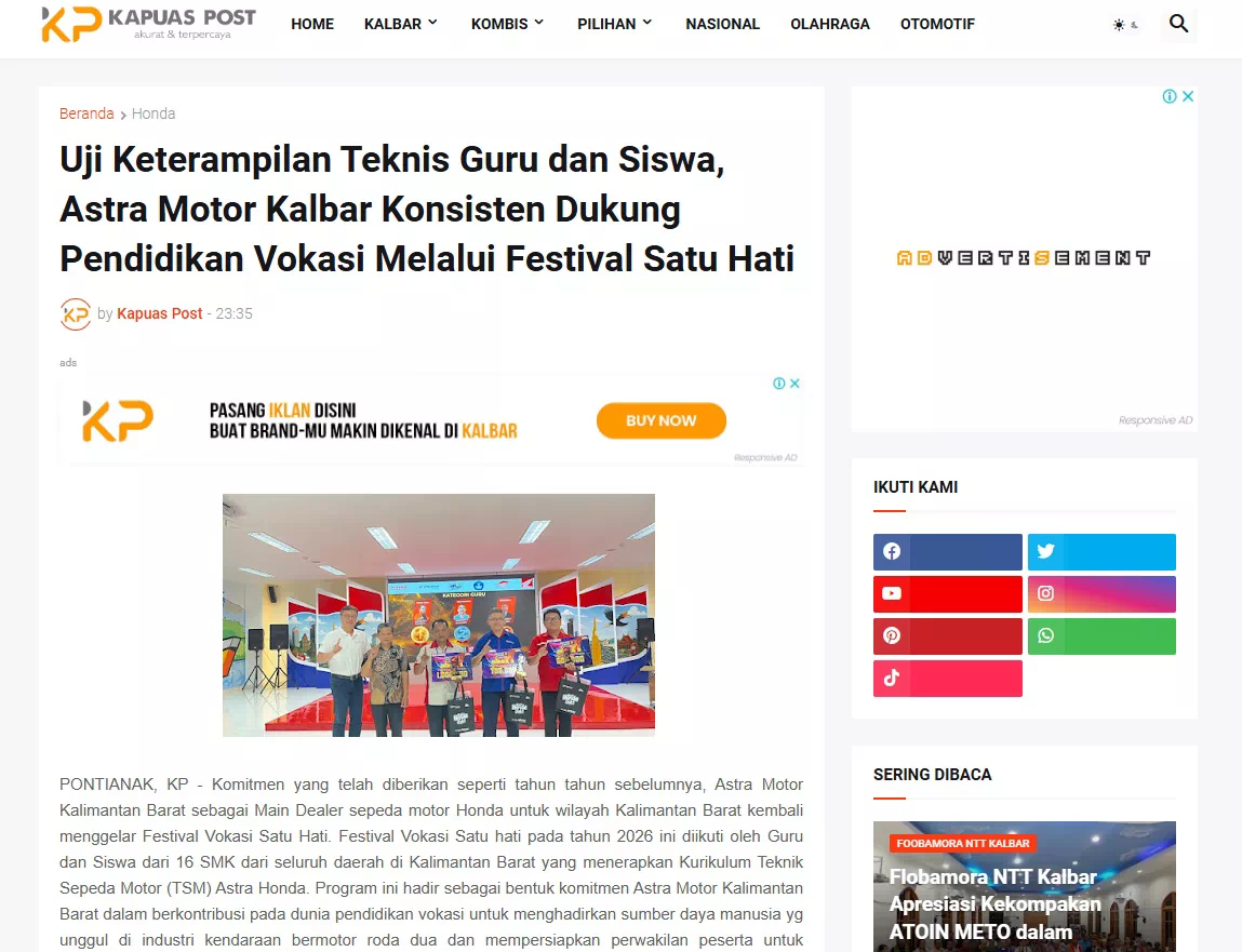 Uji Keterampilan Teknis Guru dan Siswa, Astra Motor Kalbar Konsisten Dukung Pendidikan Vokasi Melalui Festival Satu Hati