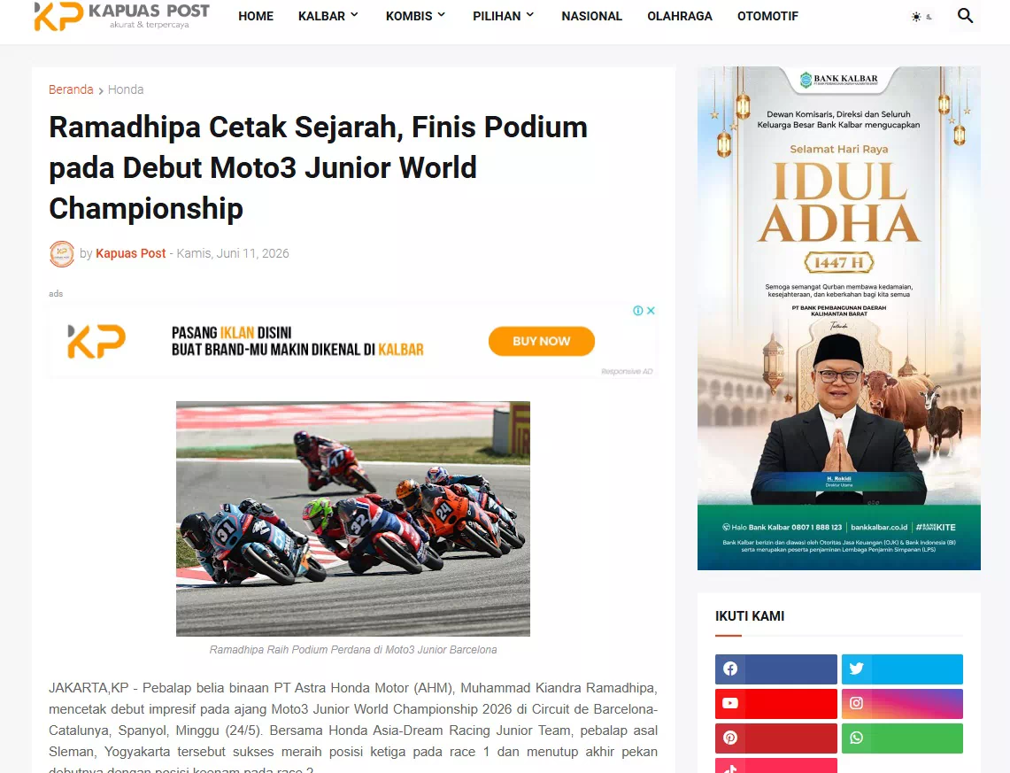 Ramadhipa Cetak Sejarah, Finis Podium pada Debut Moto3 Junior World Championship