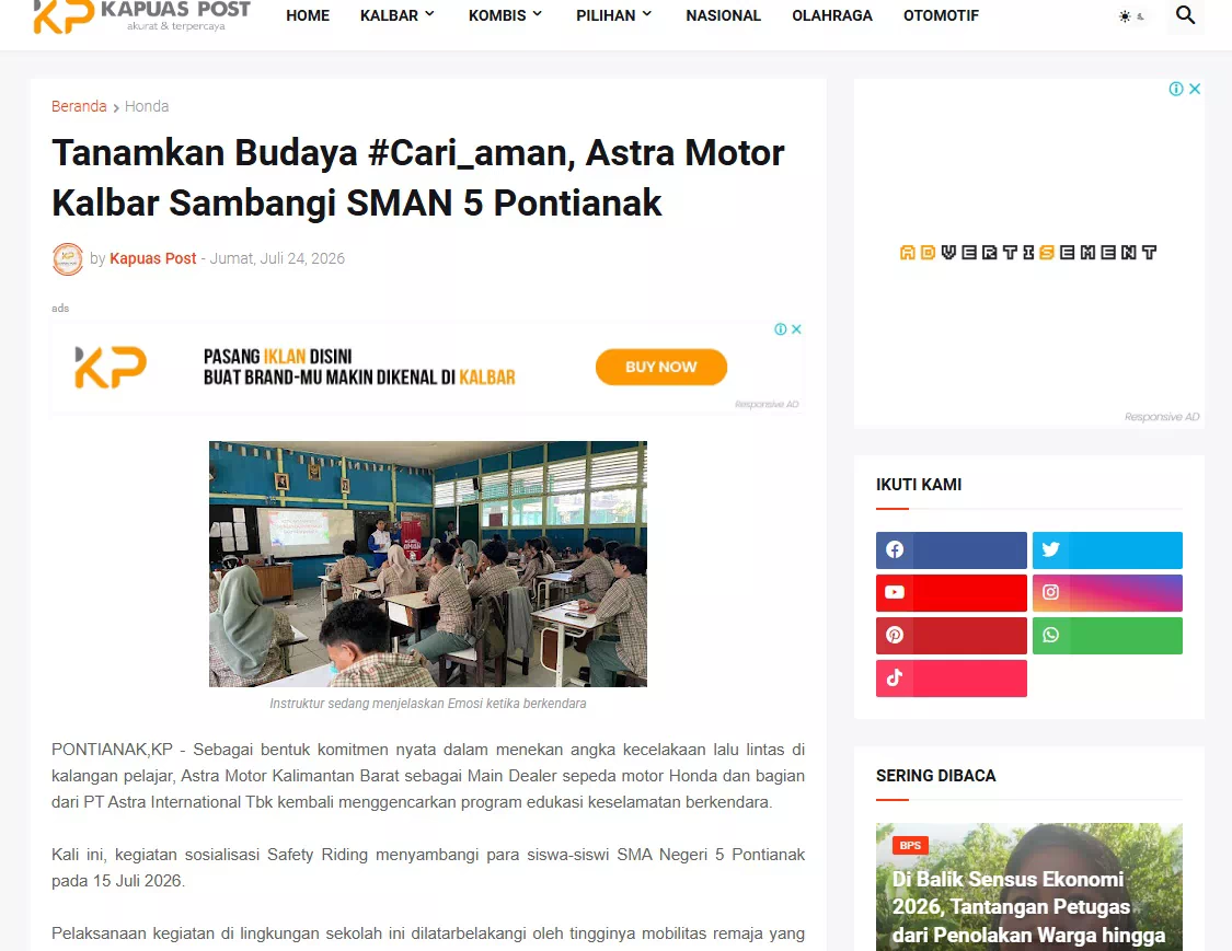 Tanamkan Budaya #Cari_aman, Astra Motor Kalbar Sambangi SMAN 5 Pontianak