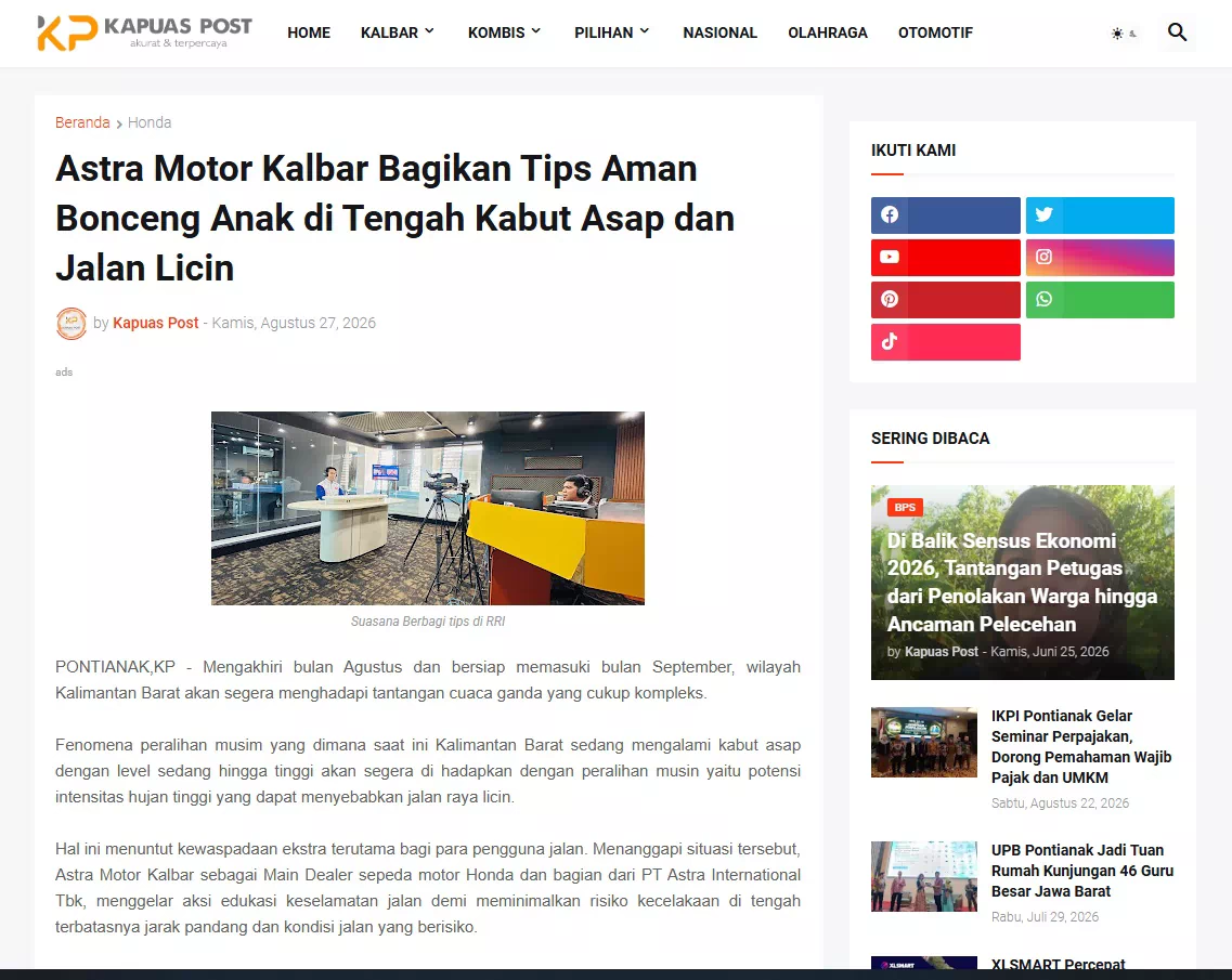 Astra Motor Kalbar Bagikan Tips Aman Bonceng Anak di Tengah Kabut Asap dan Jalan Licin