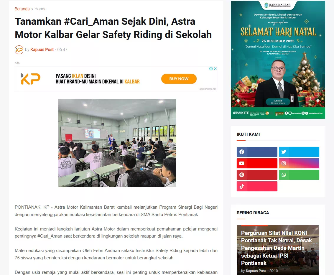 Tanamkan #Cari_Aman Sejak Dini, Astra Motor Kalbar Gelar Safety Riding di Sekolah