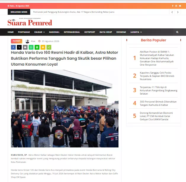 Honda Vario Evo 160 Resmi Hadir di Kalbar, Astra Motor Buktikan Performa Tangguh Sang Skutik besar Pilihan Utama Konsumen Loyal