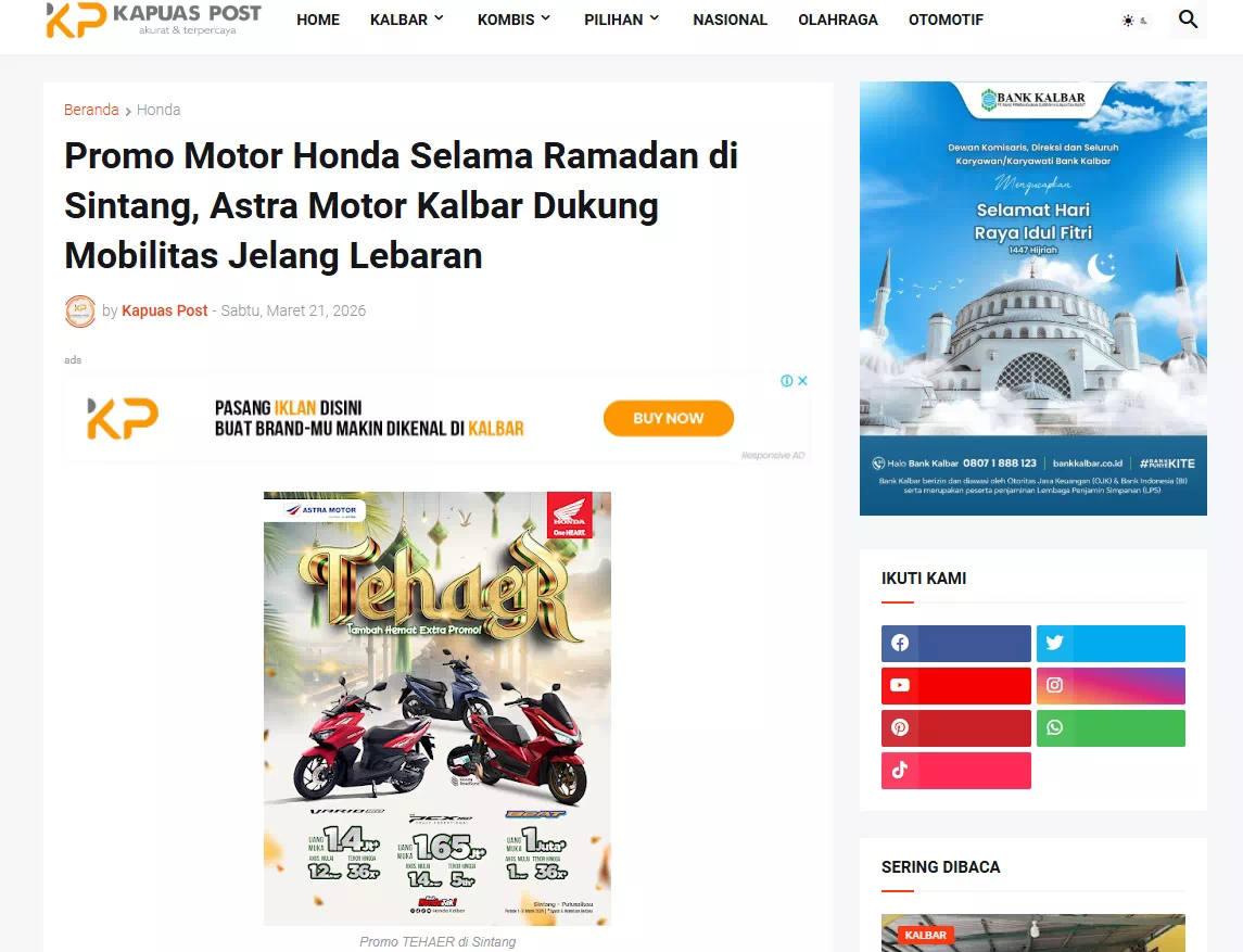 Promo Motor Honda Selama Ramadan di Sintang, Astra Motor Kalbar Dukung Mobilitas Jelang Lebaran