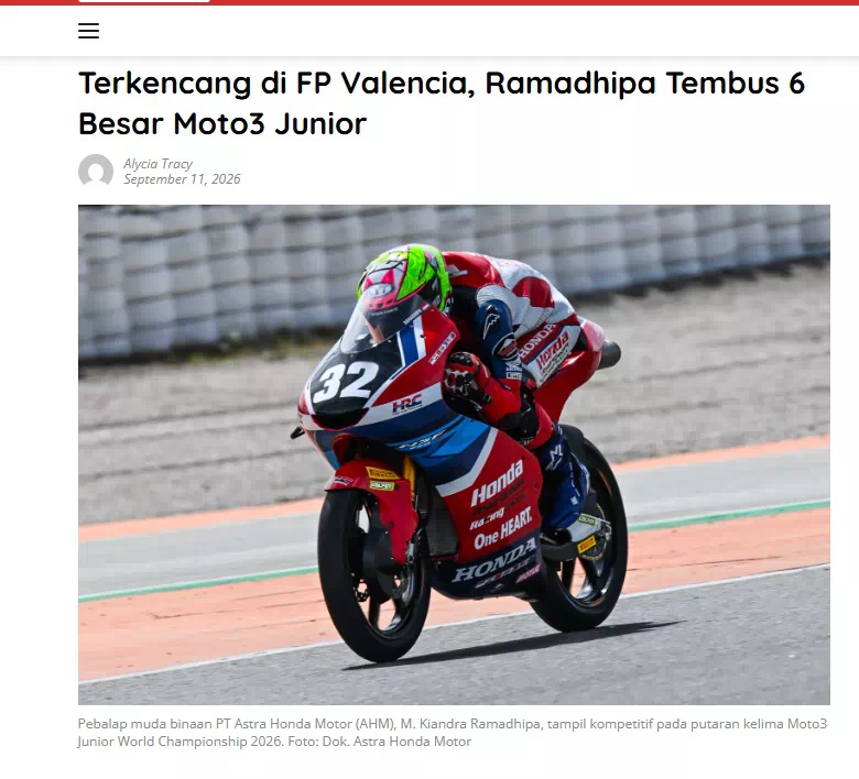 Terkencang di FP Valencia, Ramadhipa Tembus 6 Besar Moto3 Junior
