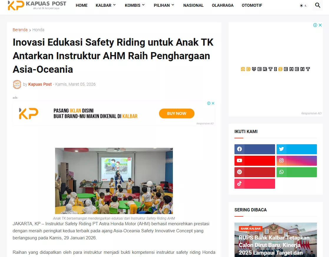 Inovasi Edukasi Safety Riding untuk Anak TK Antarkan Instruktur AHM Raih Penghargaan Asia-Oceania