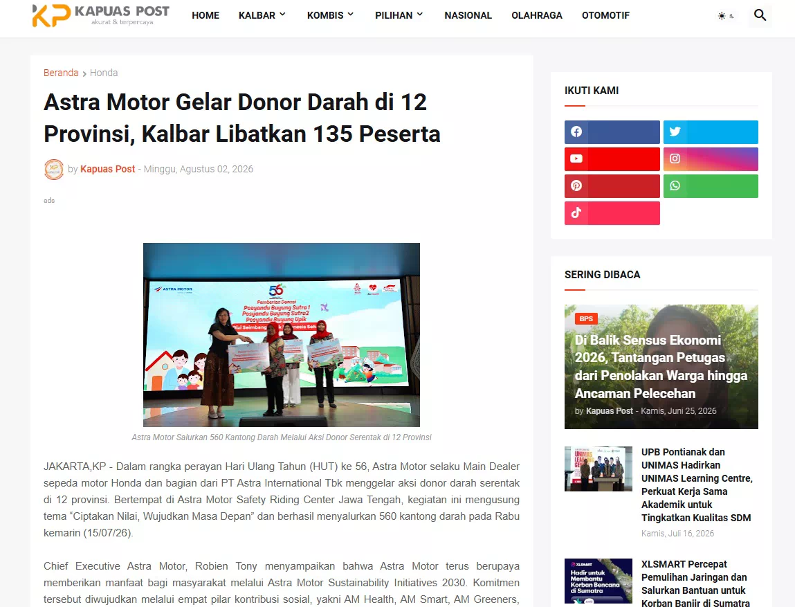 Astra Motor Gelar Donor Darah di 12 Provinsi, Kalbar Libatkan 135 Peserta