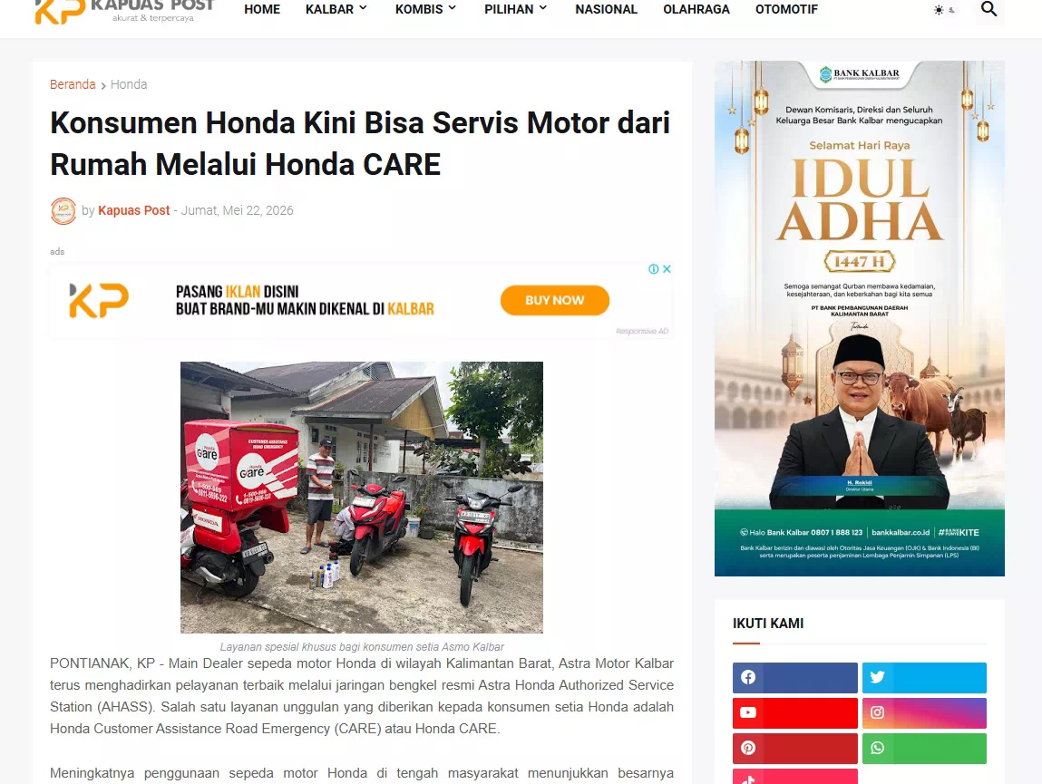Konsumen Honda Kini Bisa Servis Motor dari Rumah Melalui Honda CARE