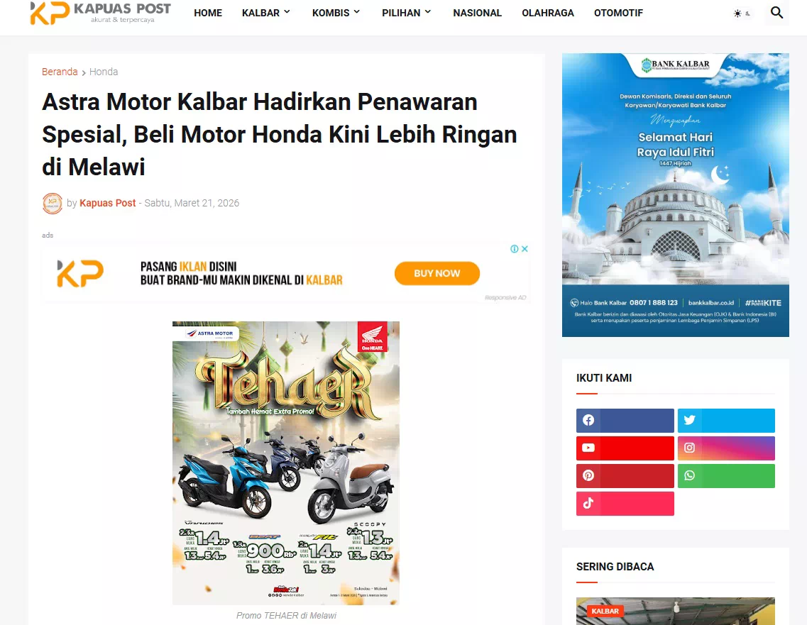 Astra Motor Kalbar Hadirkan Penawaran Spesial, Beli Motor Honda Kini Lebih Ringan di Melawi