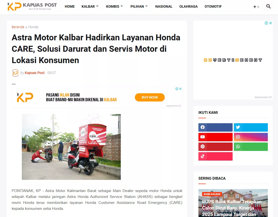 Astra Motor Kalbar Hadirkan Layanan Honda CARE, Solusi Darurat dan Servis Motor di Lokasi Konsumen