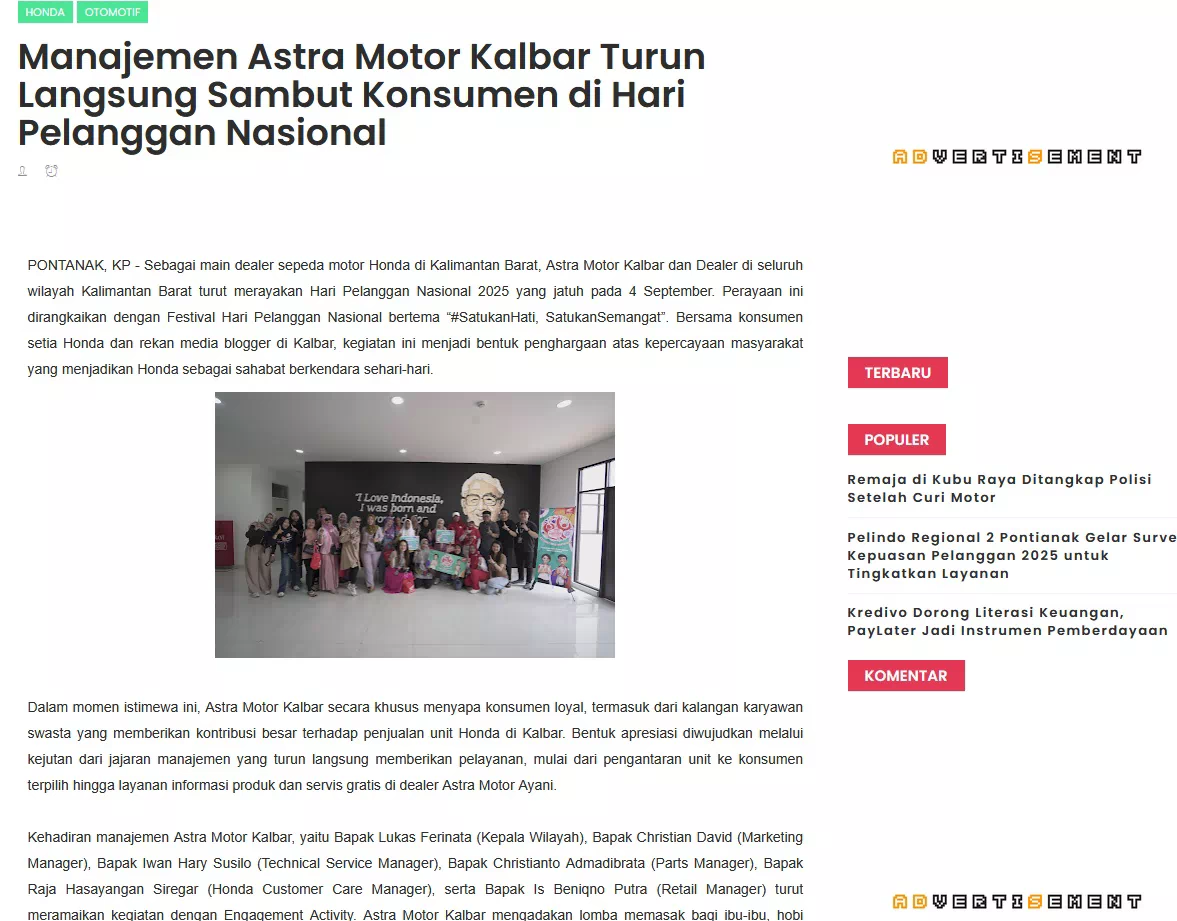 Manajemen Astra Motor Kalbar Turun Langsung Sambut Konsumen di Hari Pelanggan Nasional