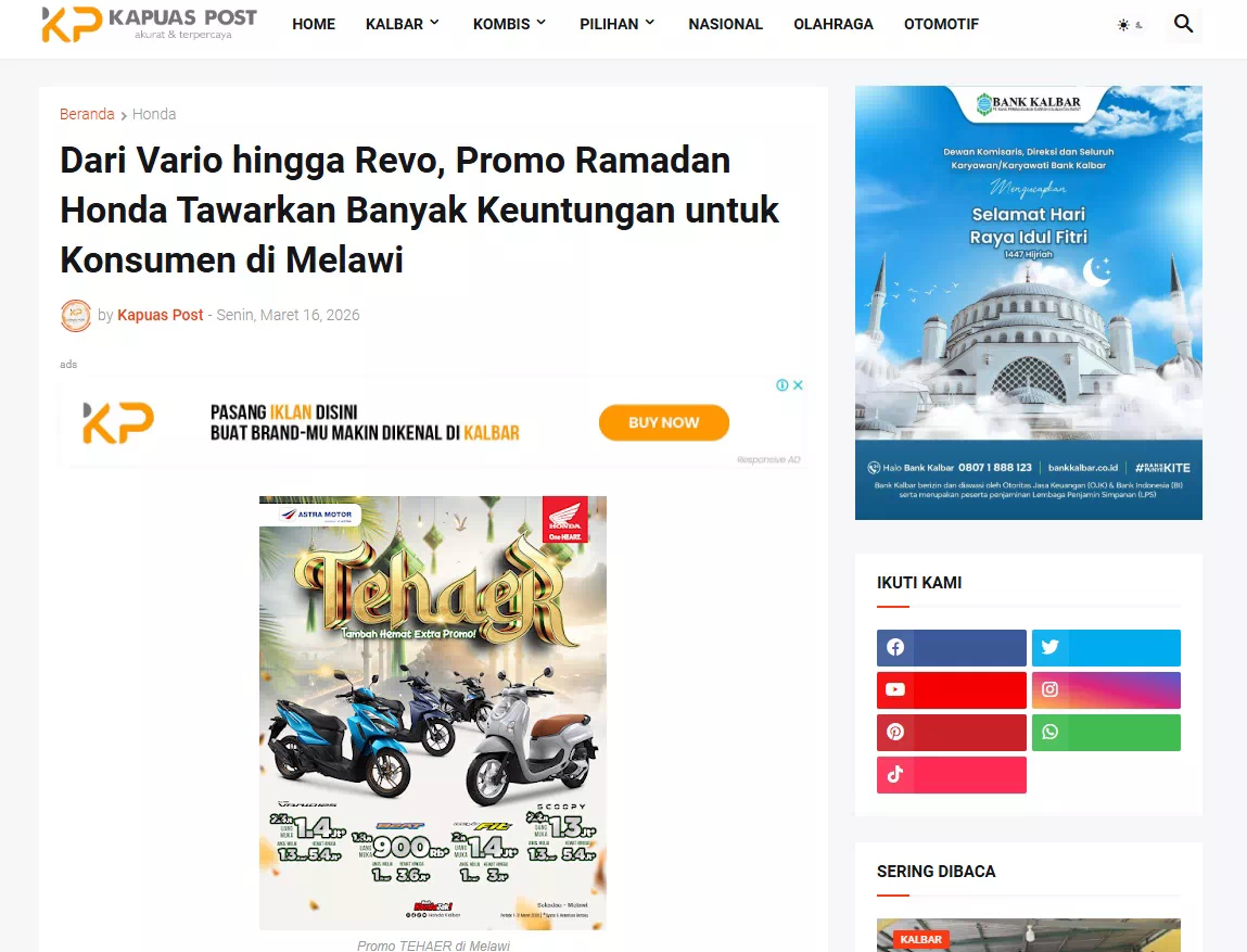 Dari Vario hingga Revo, Promo Ramadan Honda Tawarkan Banyak Keuntungan untuk Konsumen di Melawi