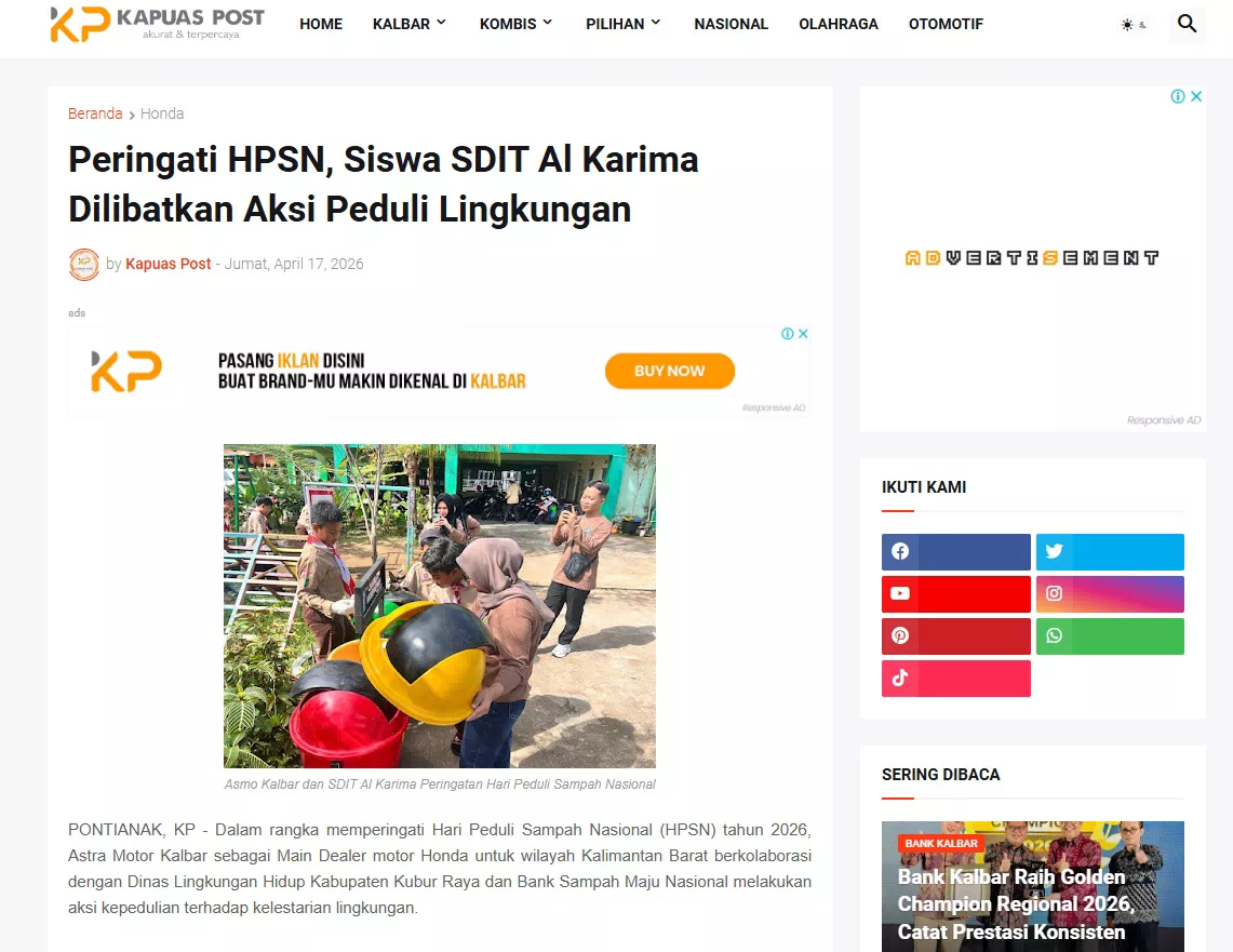 Peringati HPSN, Siswa SDIT Al Karima Dilibatkan Aksi Peduli Lingkungan