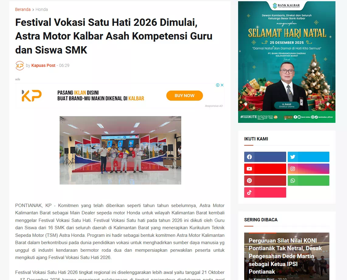 Festival Vokasi Satu Hati 2026 Dimulai, Astra Motor Kalbar Asah Kompetensi Guru dan Siswa SMK