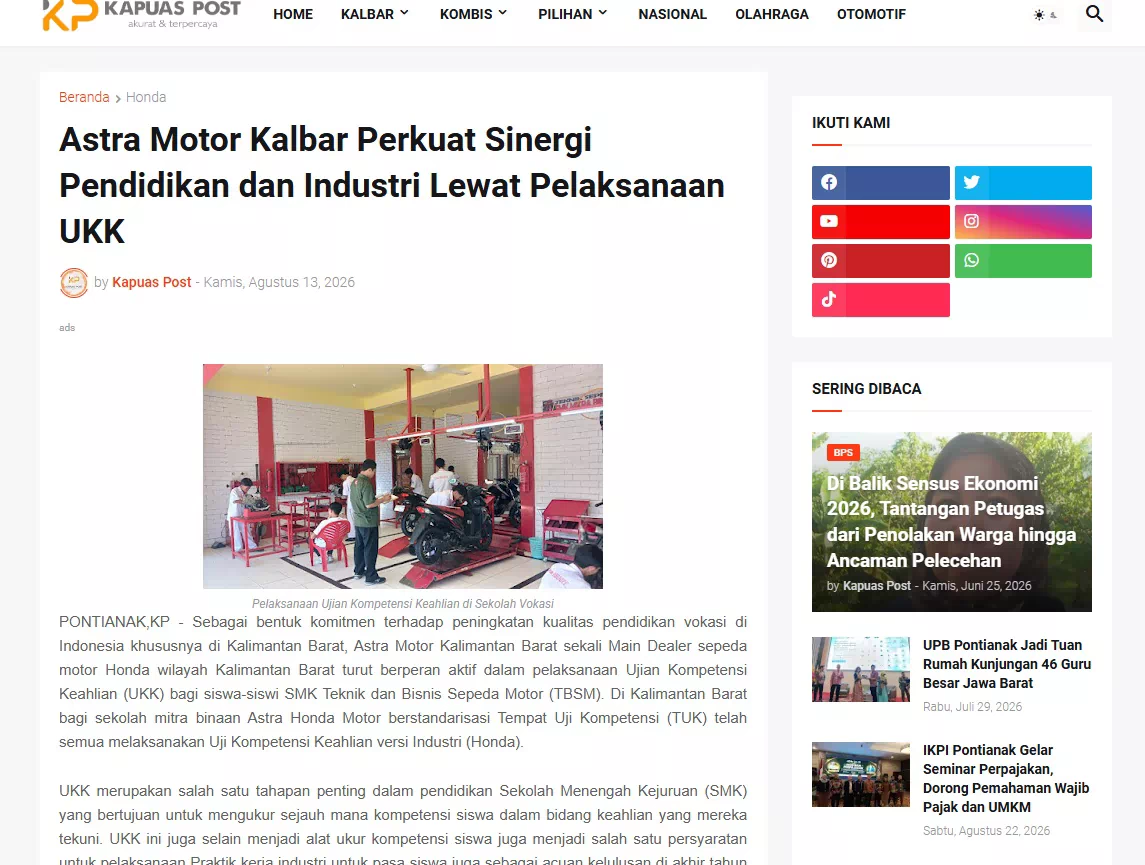 Astra Motor Kalbar Perkuat Sinergi Pendidikan dan Industri Lewat Pelaksanaan UKK